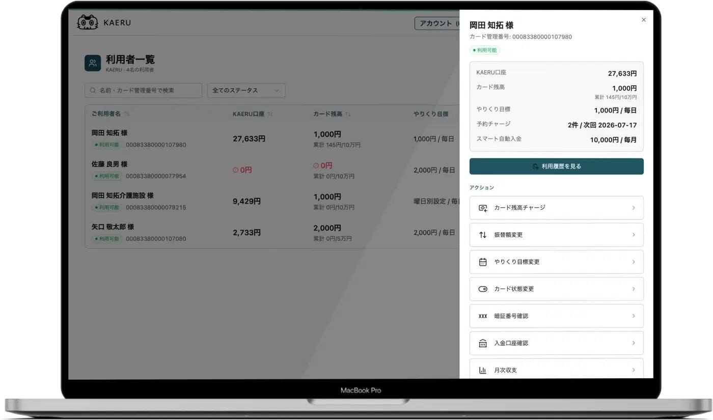 支援画面の利用者さんの詳細。残高や設定、チャージの操作が並ぶ