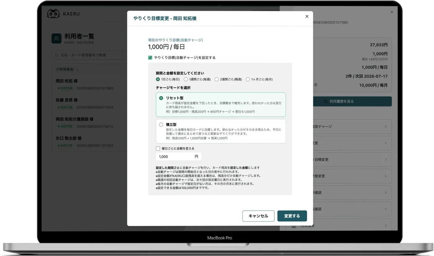 支援画面のやりくり目標の設定。1日・1週間・1ヶ月ごとの金額を決める