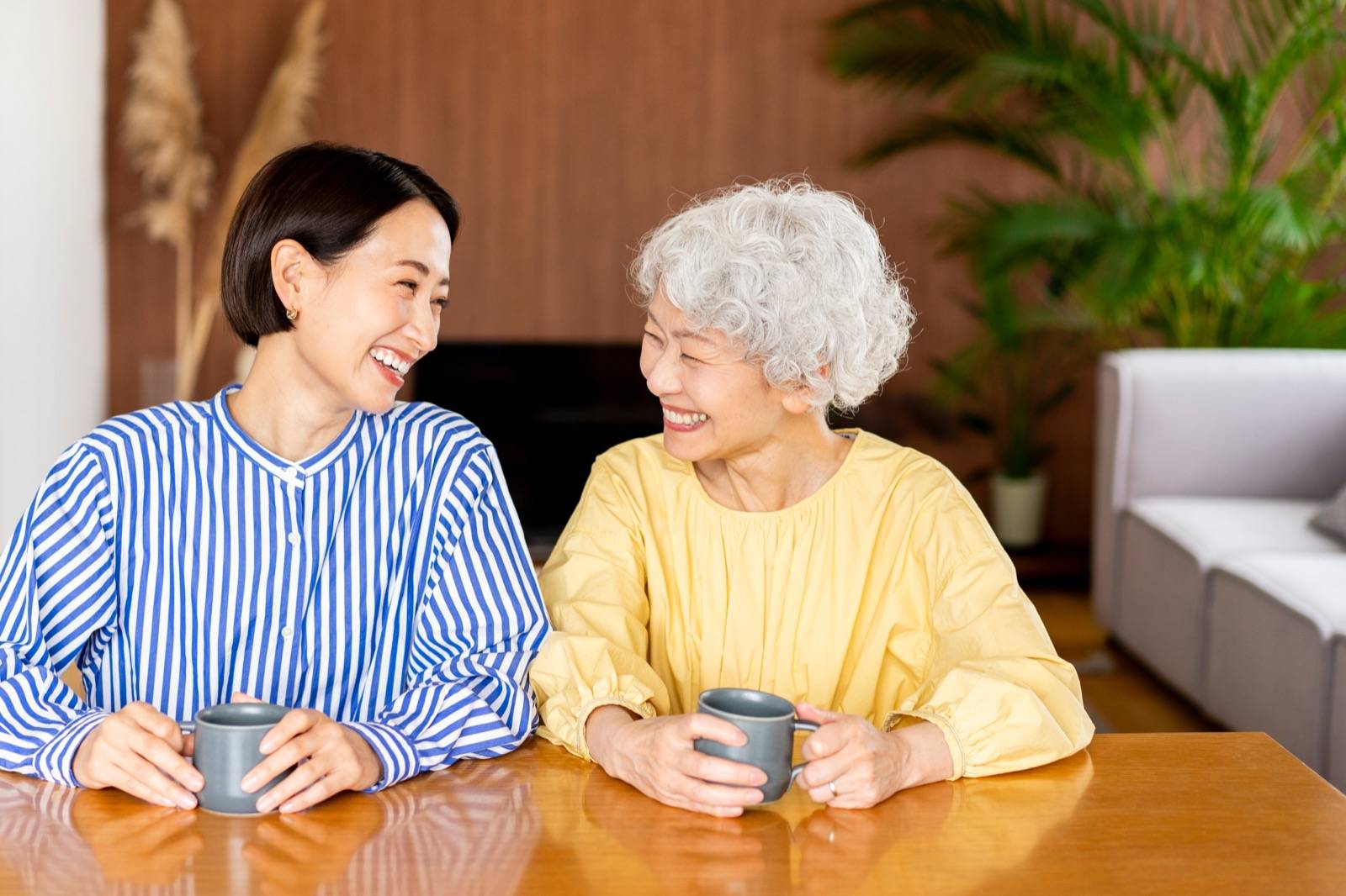 リビングで楽しく会話する女性